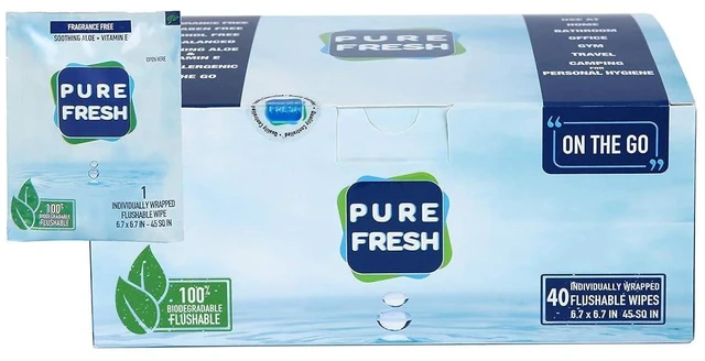 Main image of PureFresh Flushable Wet Wipes Individually Wrapped for Travel, 40 Singles