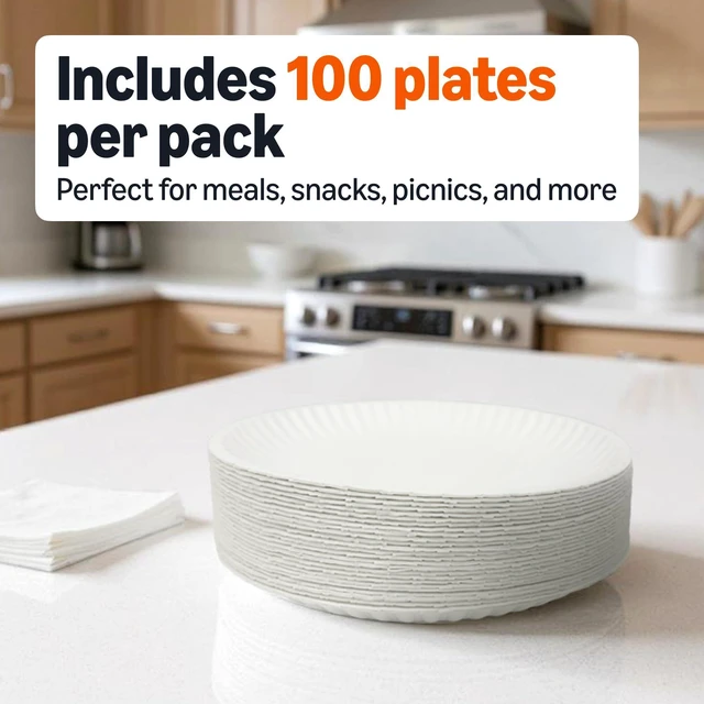 Alt view image 3 of 5 - Amazon Basics 9" Uncoated White Paper Plates, 100 Count, Microwave Safe