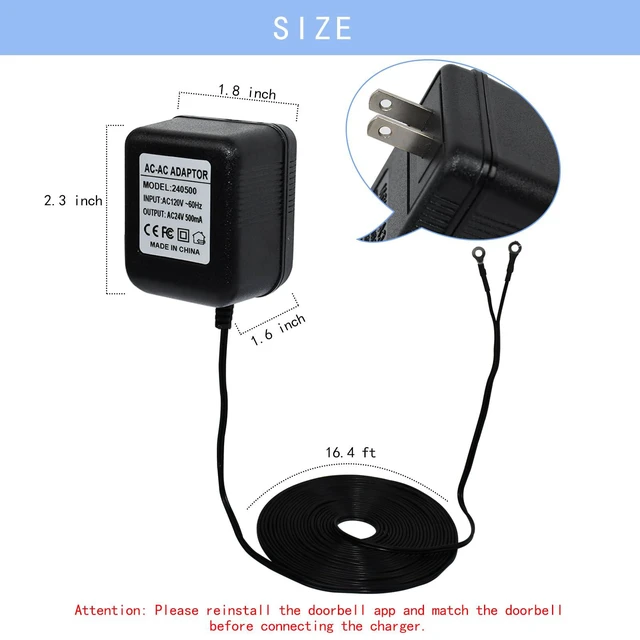 Alt view image 4 of 6 - 24V Transformer Doorbell Power Adapter with C Wire Adapter and 16.4ft/5m Extension Cable, Compatible with Google Nest, Wyze, Eufy Video Doorbells