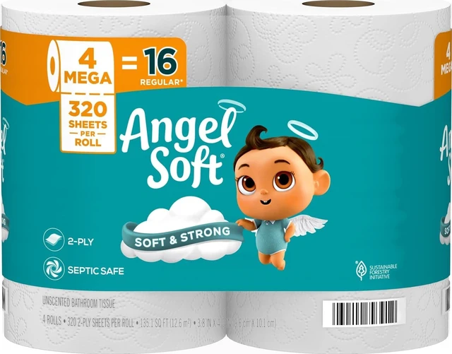 Main image of Angel Soft Toilet Paper, 4 Mega Rolls = 16 Regular Rolls, 2-Ply