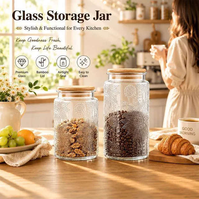 Alt view image 5 of 6 - Custde Vintage Glass Jars with Lids 23.7oz Airtight Food Storage Containers Canisters for Sugar Coffee Tea Spice Flour Candy Pasta Cereal Decorative Jars Sunflower 1