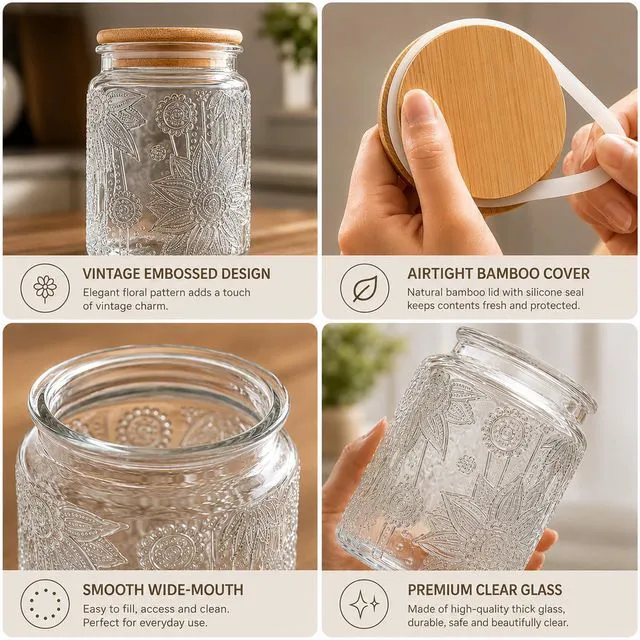Alt view image 4 of 6 - Custde Vintage Glass Jars with Lids 23.7oz Airtight Food Storage Containers Canisters for Sugar Coffee Tea Spice Flour Candy Pasta Cereal Decorative Jars Sunflower 1