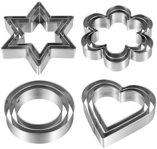 Main image of Stainless Steel 12-Piece Cookie Cutters Set, 3 Heart, 3 Star, 3 Flower, 3 Round for Valentine's Day Christmas Holiday