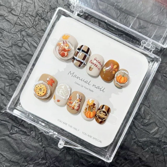 Alt view image 7 of 7 - 10Pcs Petite Short Press on Nails - Maple Leaf with 3D Cute Squirrel and Pumpkin Design, Fall Autumn Artificial False Nails for Women Holiday Acrylic Manicure