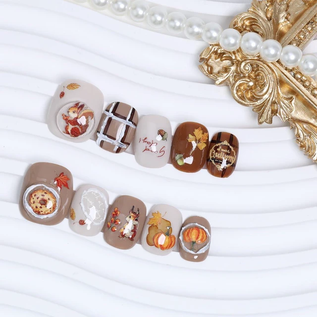 Alt view image 5 of 7 - 10Pcs Petite Short Press on Nails - Maple Leaf with 3D Cute Squirrel and Pumpkin Design, Fall Autumn Artificial False Nails for Women Holiday Acrylic Manicure