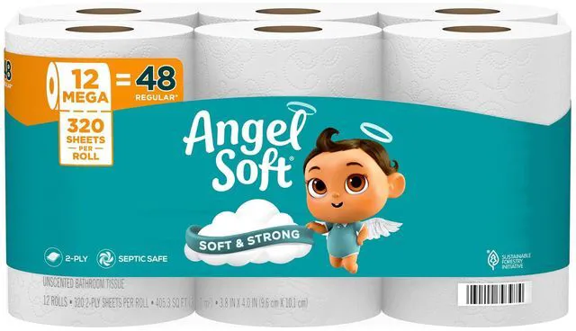 Main image of Angel Soft Toilet Paper, 12 Mega Rolls = 48 Regular Rolls, Soft and Strong