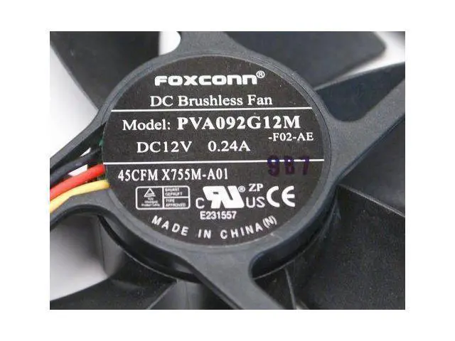 Alt view image 3 of 4 - Foxconn PVA092G12M DC12 Volt 0.24 Amp, Rear Case Brushless Cooling Fan 92mm x 92mm x 25mm, 3-WIRE/3-PIN CONNECTOR