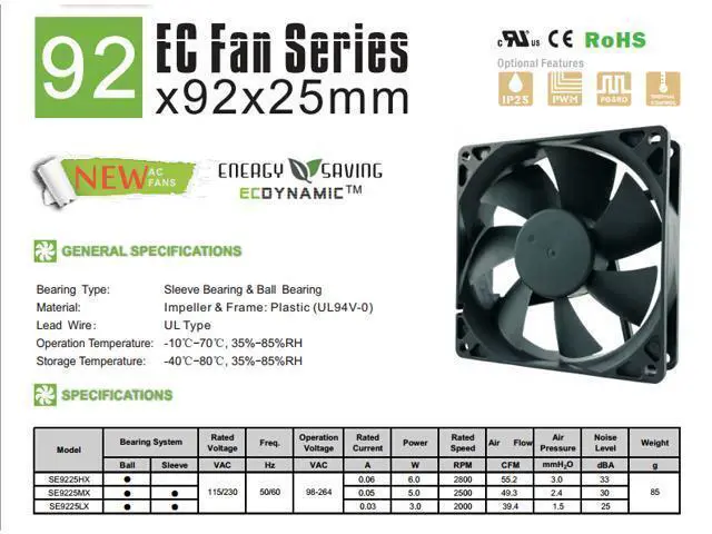 Alt view image 6 of 6 - ec centrifugal fan motor 92*92*25 mm 92mm 9.2cm double voltage 115V 230V axial 6W 2800RPM 55.2CFM high speed case cooling fan