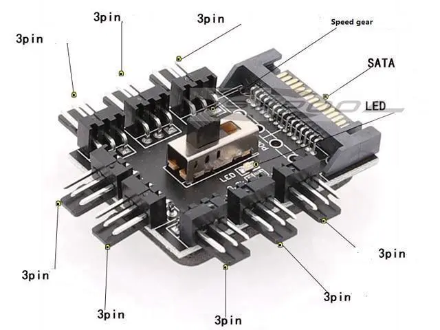 Alt view image 3 of 4 - SATA computer power supply fan hub 8-way speed controller FAN HUB 3p 4-pin extension cable
