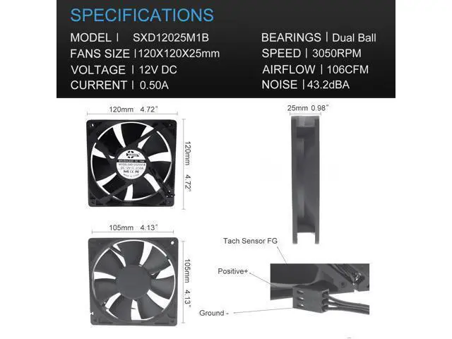 Alt view image 3 of 6 - 120mm 12cm Waterproof Dustproof IP68 Cooling Fan,120X120X25mm 3P 3-Pin Dual Ball Bearing 3050RPM,High Speed 106CFM Cooler SXDOOL SXD12025M1B