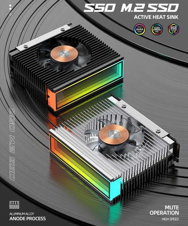 Alt view image 3 of 7 - M.2 2280 ARGB Hard Drive Heatsink PWM Dual Fan Solid State Drive Radiator M2 SSD Cooling 5V 3Pin Addressable RGB Sync SSD Cooler with Thermal Pad (Black)