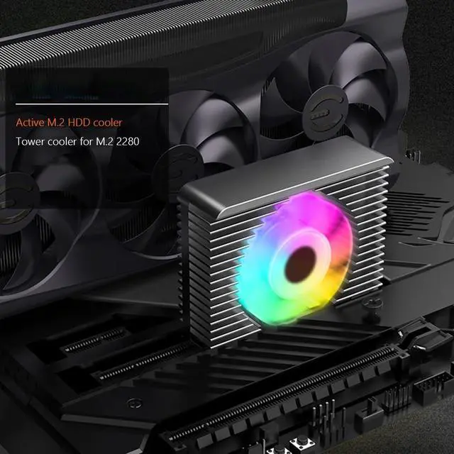 Alt view image 7 of 7 - M.2 2280 NVMe SSD Heat Sink Aluminum Alloy Radiator Dissipation Thermal Pad 5V 3PIN ARGB CNC Tower Heatsink Cooler Fan Aura Sync with Cooling Fan (Black 5V 3pin ARGB)