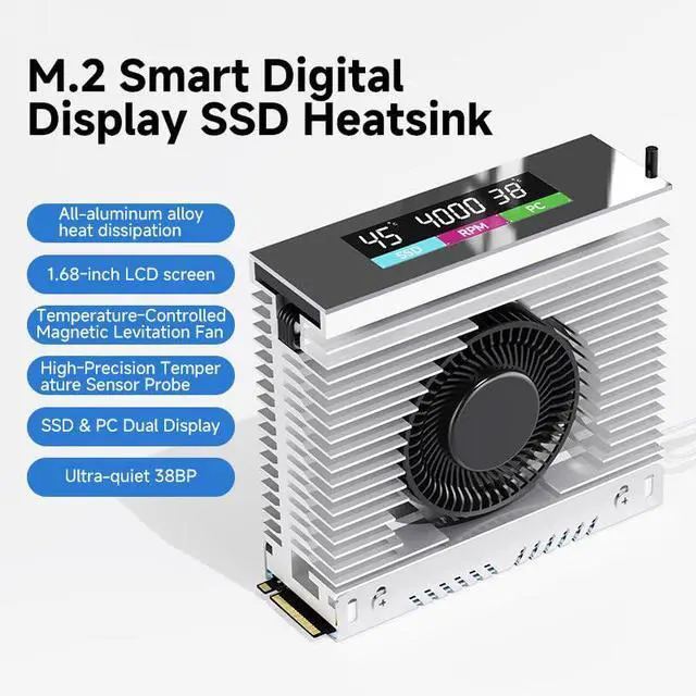 Alt view image 2 of 6 - M.2 2280 Solid State Drive Cooler Digital Display SSD Heatsink with Intelligent Temperature Control PWM Turbine Fan IPS Color Screen MCU