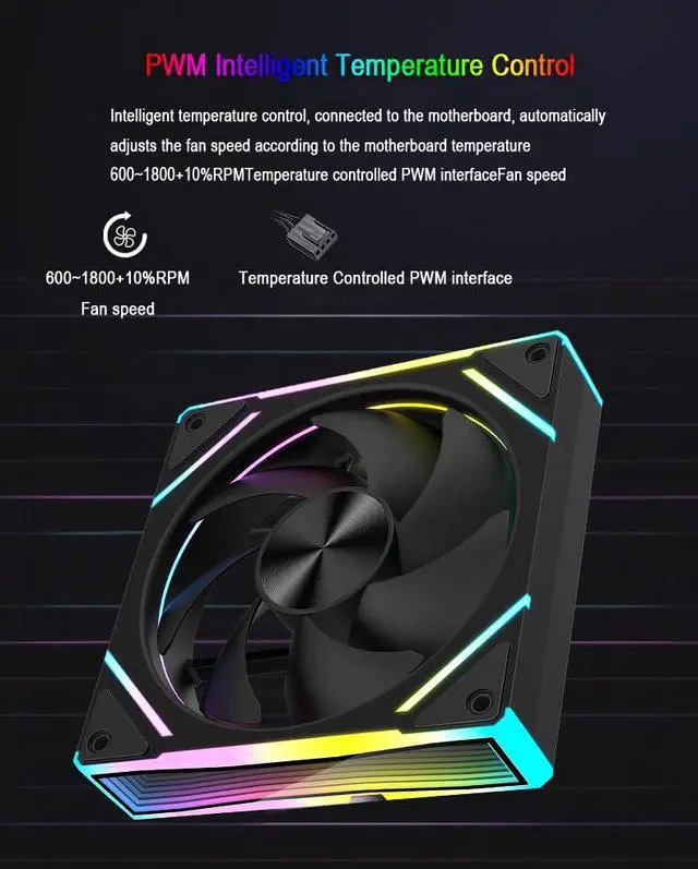 Alt view image 5 of 7 - 120mm Case Fan 5V 3Pin ARGB 4PIN PWM Cooler Heatsink Addressable RGB Chassis Case Fan Radiator for Desktop Computer (Black, Forward Direction)