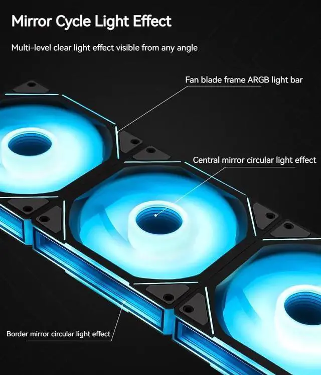 Alt view image 7 of 7 - 120mm ARGB Case Fan Mirror Cycle Light 800-2000rpm PWM Chassis Water Cooling Ventilador Fan Wireless Stitching Case Fan (Black Reverse)