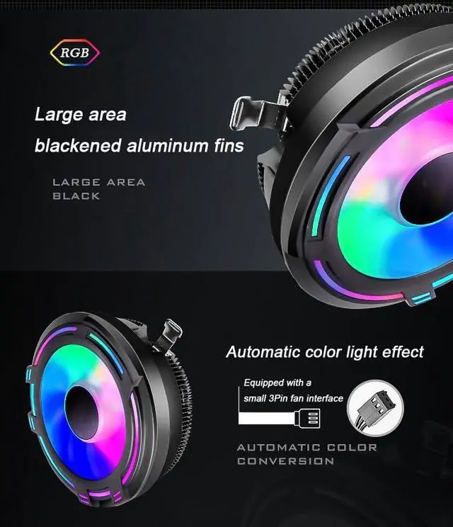 Alt view image 7 of 7 - RGB PC Fans CPU Cooler Radiator DC 12V 3Pin Colorful 120mm CPU Cooling Fan PC Heatsink for Intel/AMD Support Under 95W CPU