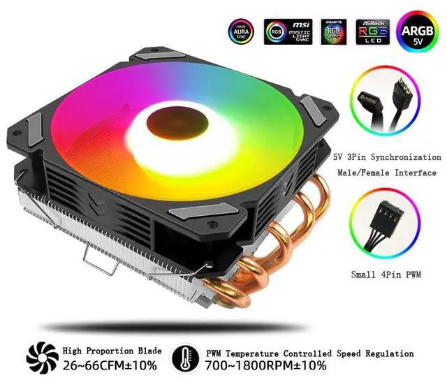 Alt view image 2 of 7 - ARGB CPU Cooler Ventilador Fan 4Pin PWM RGB Silent 5 Heat Pipes CPU Fan Cooling Radiator for Intel LGA 2011 1150 1151 1155 1200 1366 AMD AM3 AM4 Below 150W CPU (Black 5V/3Pin ARGB T500)