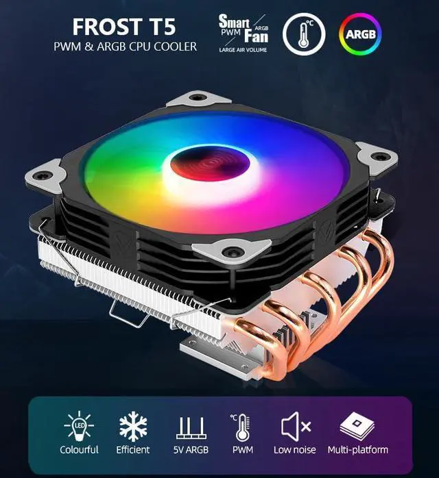 Alt view image 3 of 7 - ARGB CPU Cooler Ventilador Fan 4Pin PWM RGB Silent 5 Heat Pipes CPU Fan Cooling Radiator for Intel LGA 2011 1150 1151 1155 1200 1366 AMD AM3 AM4 Below 150W CPU (Black 4Pin PWM T5)