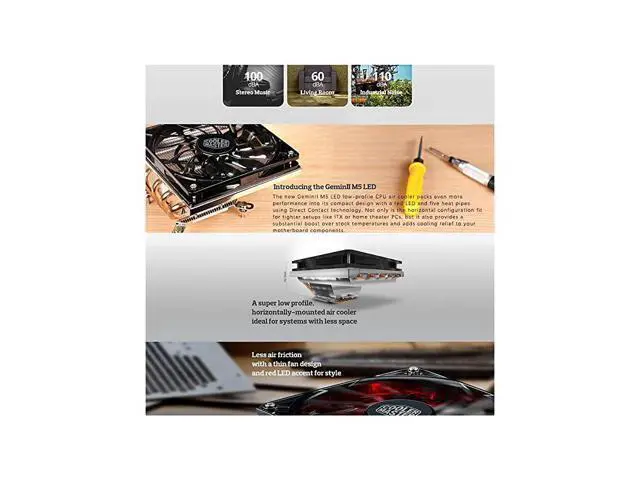 Alt view image 5 of 7 - Master GeminII M5 LED 2U Low Profile CPU with 5 Direct Contact Heatpipes XtraFlo 120 Slim Fire Red LED PWM Cooling Fan for Intel AMD RRT52016PK GeminII M5