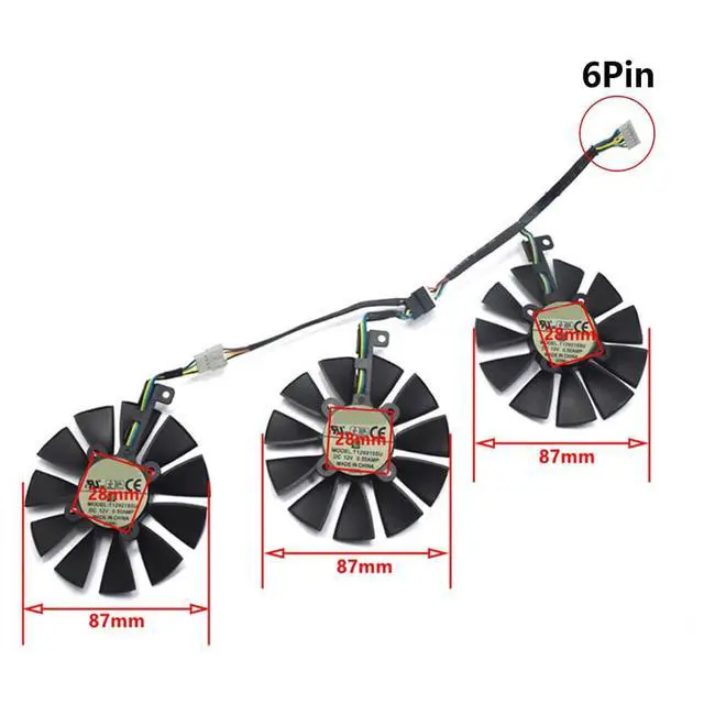 Alt view image 4 of 7 - Graphics Card Cooling Fans Replacement for ASUS ROG Strix GTX 1060 1070 1070Ti 1080 1080Ti RX VEGA56 VEGA64 480 580 FURY390 390X Series T129215SU/SM 87mm 12V 0.5A 6Pin GPU Fan (3PCS)