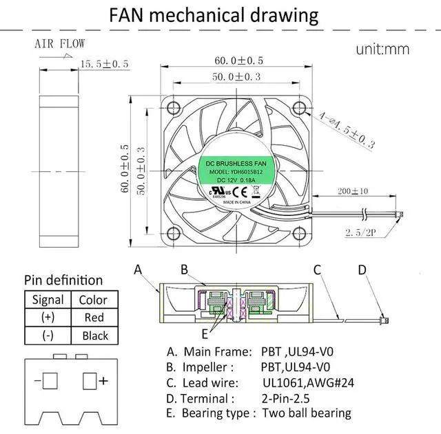 Alt view image 7 of 7 - PY-6015M12S 12V 0.15A 6015 6CM 2-Wire Case Dual Ball 2Pin High Speed Brushless Cooling Fan