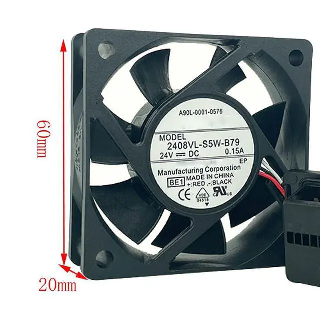 Alt view image 7 of 7 - 60MM Fan DC24V 0.15A 3.6W 6020 Speed 6600RPM 2408VL-S5W-B79 Servo Drive A90L-0001-0576 60 * 60 * 20MM 6CM CNC Machine Tool System Fan with Plug (3-Wire)