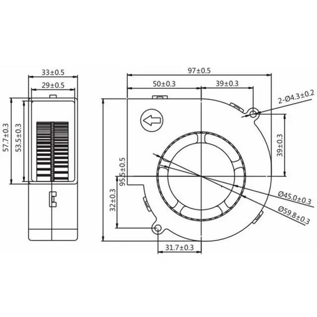 Alt view image 4 of 7 - 97MM Fan DC220V 0.18A 39W 9733 GT9733HBL2-(EC) 9.7CM 97 * 97 * 33MM DC Dual Ball Blower Turbo Fan(2pin)