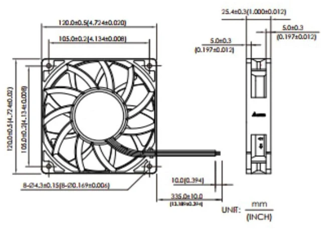 Alt view image 4 of 7 - 120mm 12025 DC24V Fan 9RA1224P4G001 0.8A 120 * 120 * 25mm 5000RPM 12cm Dual Ball All Metal Frequency Converter Cooling Fan (4pin)