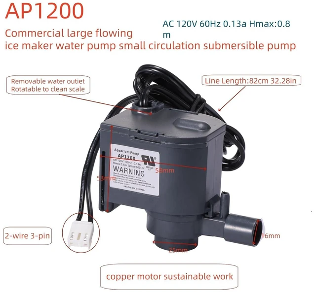 Alt view image 3 of 5 - AP1200 AC120V Commercial large flowing ice machine water pump Small circulation submersible pump Fit for HZB-30F,HZB-38F,HZB-32,HZB-45,HZB-65,HZB-90,HZB-120,HZB-160 Ice Maker 60Hz 0.13A Hmax:0.8m