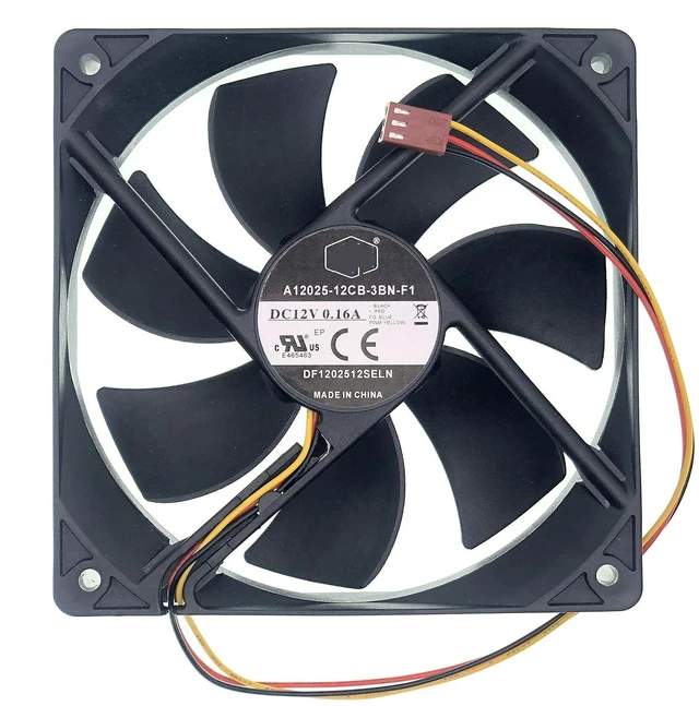 Main image of New Case Cooling fan for A12025-12CB-3BN-F1 DF1202512SELN 12025, DC 12V 0.16A 1000RPM 38.6CFM 3-Pin 3-Wire Silent Chassis Fan Size: 120x120x25mm.