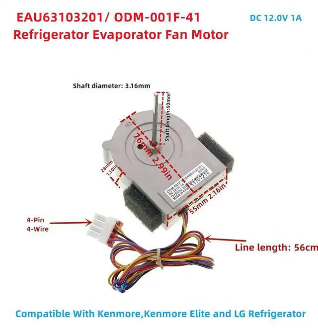Alt view image 2 of 7 - EAU63103201 ODM-001F-41 Refrigerator Evaporator Fan Motor Fit for Kenmore, Kenmore Elite and LG Refrigerator, DC 12.0V 1A Shaft Length:60mm