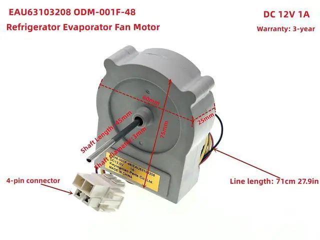 Alt view image 2 of 7 - EAU63103208 ODM-001F-48 Refrigerator Evaporator Fan Motor Fit for LG Kenmore, Replace 4324006, AP6028844, PS11761151 DC12V 1A 4-pin.