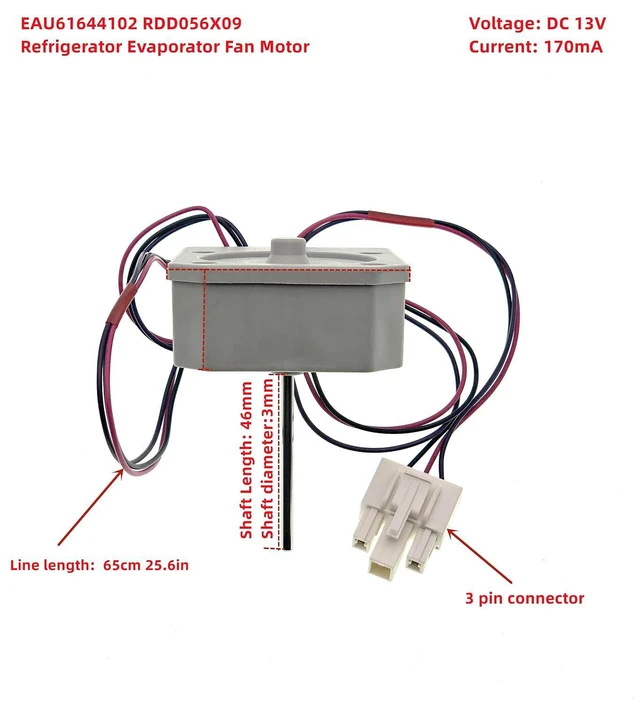 Alt view image 2 of 7 - EAU61644102 RDD056X09 Refrigerator Evaporator Fan Motor for 4681JB1029H, EAU61644107, 4681JB1027H, 4681JB1029Z, 4681JK1003A, 4681JK1004D DC13V 170mA