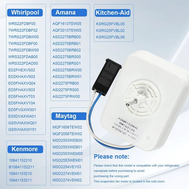 Alt view image 4 of 7 - W10236142 WPW10236142 Refrigerator Evaporator Fan Motor for Whirlp Maytag