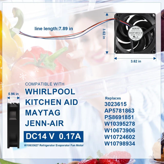 Alt view image 3 of 6 - W10633627 Refrigerator Evaporator Fan Motor for Whirlpool Kitchen Aid