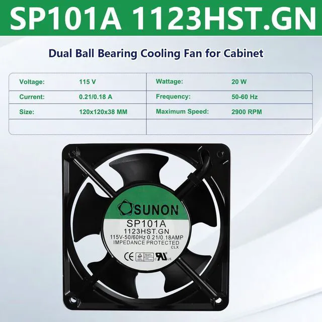 Alt view image 2 of 6 - SP101A 1123HST.GN Cooling Fan 115V 50/60Hz 0.21/0.18AMP 120×120×38mm