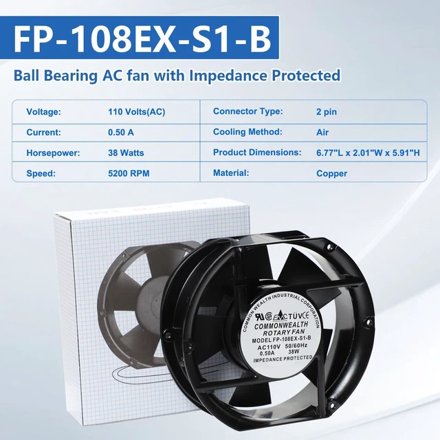 Alt view image 2 of 6 - FP-108EX-S1-B Ball Bearing Cooling Fan AC 110V 50/60Hz 38W 0.50A