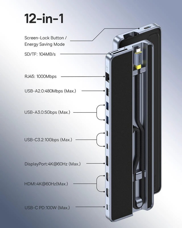 Alt view image 2 of 7 - Laptop Docking Station Stand, 12 in 1 Triple 4K Display HDMI/DP, 10Gbps USB A/C Fast Data, PD 100W, Ethernet, TF/SD, USB C Docking Station with Stand for Windows/Dell/HP/Lenovo/Asus/Acer/Mac