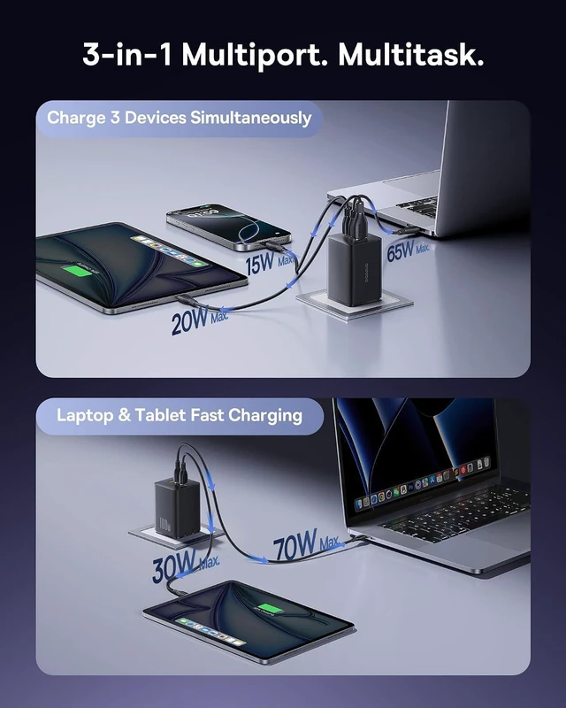 Alt view image 4 of 7 - 100W USB C Charger Block, 3-Port Foldable Compact PPS Wall Charger, Fast Charging Power Adapter for MacBook Pro/Air, iPad, iPhone 17 Pro Max/Air, Galaxy S24, Steam Deck & More