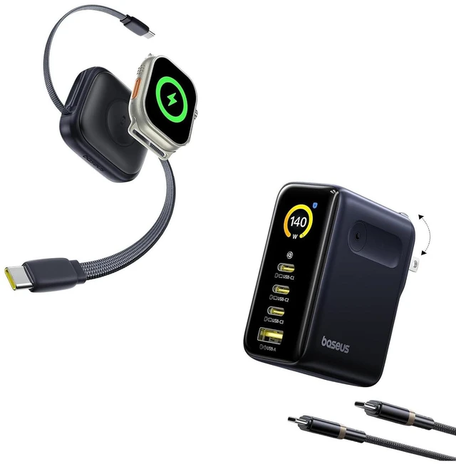 Main image of Baseus Retractable USB C Cable for Apple Watch, 100W 5A Fast Charging Cable Picogo 140W USB C Charger, 4-Port Multi-Device Fast Charging Laptop Charger