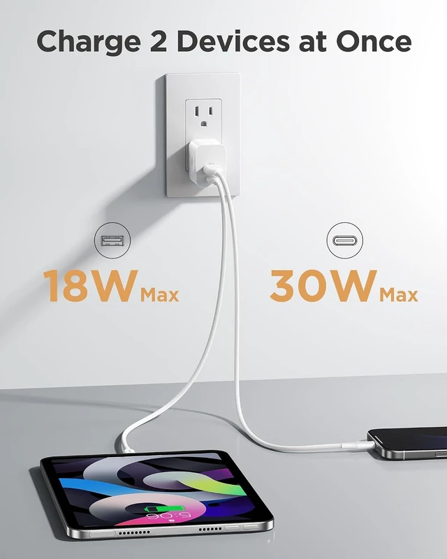 Alt view image 3 of 7 - 30W USB C Charger - PD QC 3.0 Dual Port Charging Block, 30 Watt USB C Charger with 4 FT Type C to L Cable, 30W Fast Charger with Foldable Plug for iPhone 14 13 12 11 Pro Max XR XS X, iPad
