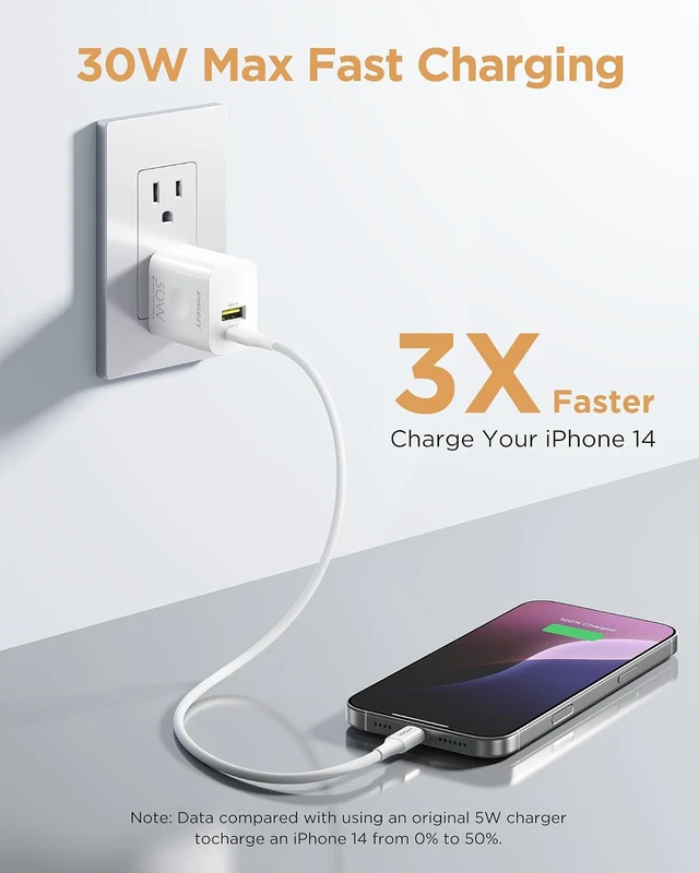 Alt view image 2 of 7 - 30W USB C Charger - PD QC 3.0 Dual Port Charging Block, 30 Watt USB C Charger with 4 FT Type C to L Cable, 30W Fast Charger with Foldable Plug for iPhone 14 13 12 11 Pro Max XR XS X, iPad