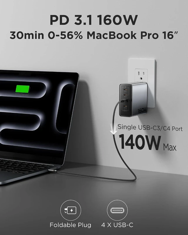 Alt view image 2 of 7 - 160W USB C Charger - PD3.1 GaN Fast Charger USB C 4-Port Foldable Charging Block 160Watt Power Adapter with 6FT 240W Type-C Cable, 160W Charger for MacBook, Laptops, Samsung, iPad, iPhone Series