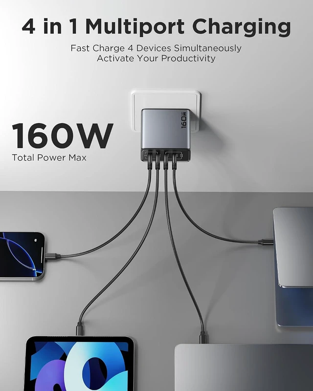 Alt view image 3 of 7 - 160W USB C Charger - PD3.1 GaN Fast Charger USB C 4-Port Foldable Charging Block 160Watt Power Adapter with 6FT 240W Type-C Cable, 160W Charger for MacBook, Laptops, Samsung, iPad, iPhone Series