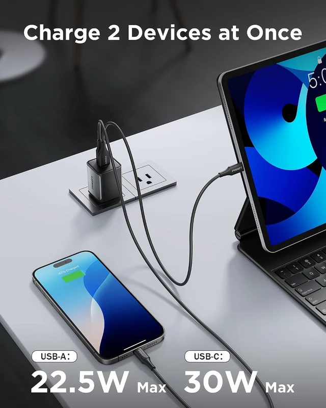 Alt view image 3 of 7 - 30W USB C Charger - 30 Watt Dual Port PD QC 3.0 GaN Charging Block, 30W USB C Wall Charger, 2-Port 30 Watt Charging Block for iPhone 16/15/14/13 Series, Samsung, Pixel, iPad (Cable Not Included)