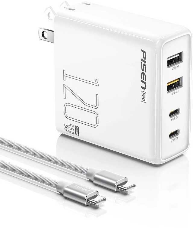 Main image of 120W 4-Port GaN USB-C Charger Block With 6FT USB-C To C Cable For MacBook Pro/Air, Pixelbook, iPad, iPhone, Samsung, Pixel 8, Steam Deck