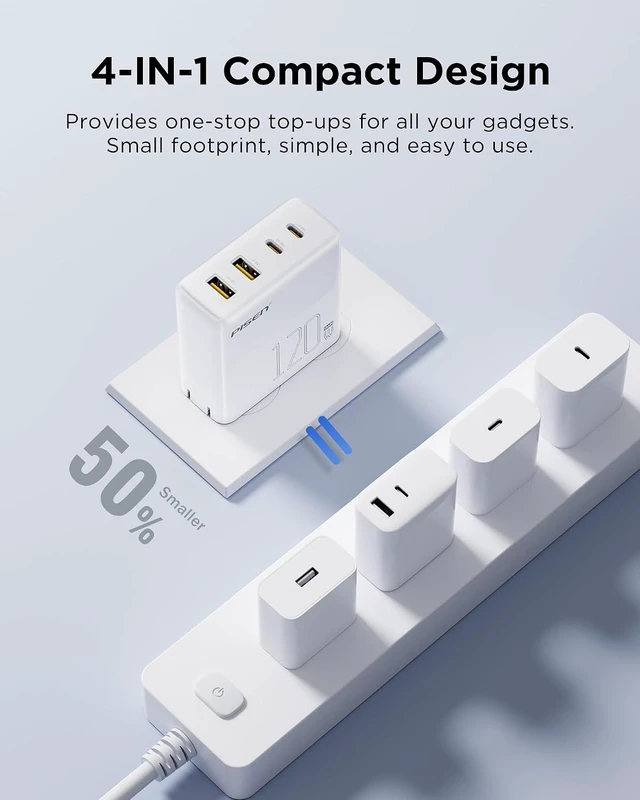 Alt view image 2 of 7 - 120W 4-Port GaN USB-C Charger Block With 6FT USB-C To C Cable For MacBook Pro/Air, Pixelbook, iPad, iPhone, Samsung, Pixel 8, Steam Deck