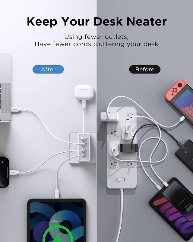Alt view image 4 of 7 - 120W 4-Port GaN USB-C Charger Block With 6FT USB-C To C Cable For MacBook Pro/Air, Pixelbook, iPad, iPhone, Samsung, Pixel 8, Steam Deck