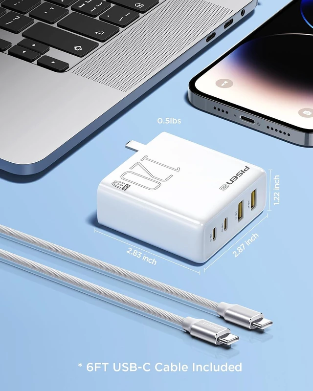 Alt view image 7 of 7 - 120W 4-Port GaN USB-C Charger Block With 6FT USB-C To C Cable For MacBook Pro/Air, Pixelbook, iPad, iPhone, Samsung, Pixel 8, Steam Deck