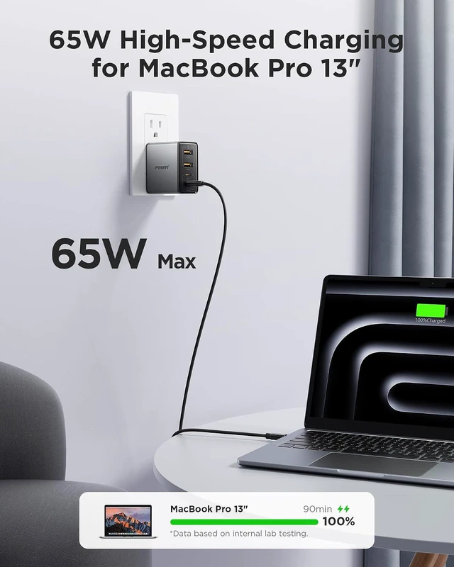 Alt view image 2 of 7 - 65W USB C Charger - 4-Port GaN Fast Charging Block Type C Charger Fast Charging Wall Plugs with 4FT C to C Cable for MacBook Pro/Air, iPhone 16/15/14, iPad Pro, Galaxy S24, Pixel 8, Steam Deck